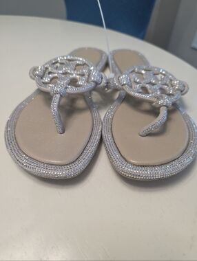 Tory Burch Women's Miller Knotted Pave Thong Sandals Stone Gray US Size 8.5